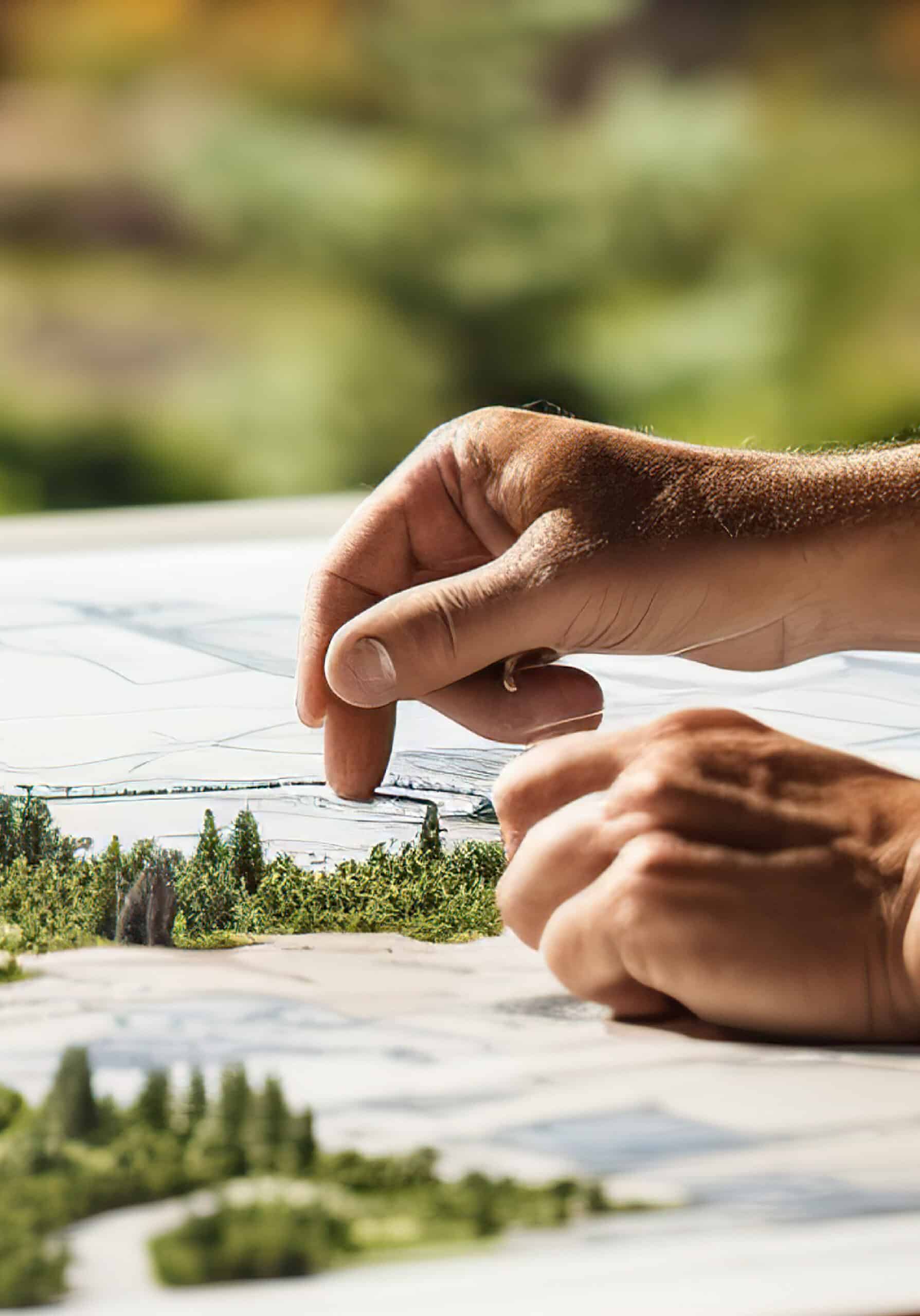 A pair of hands looking over a blueprint